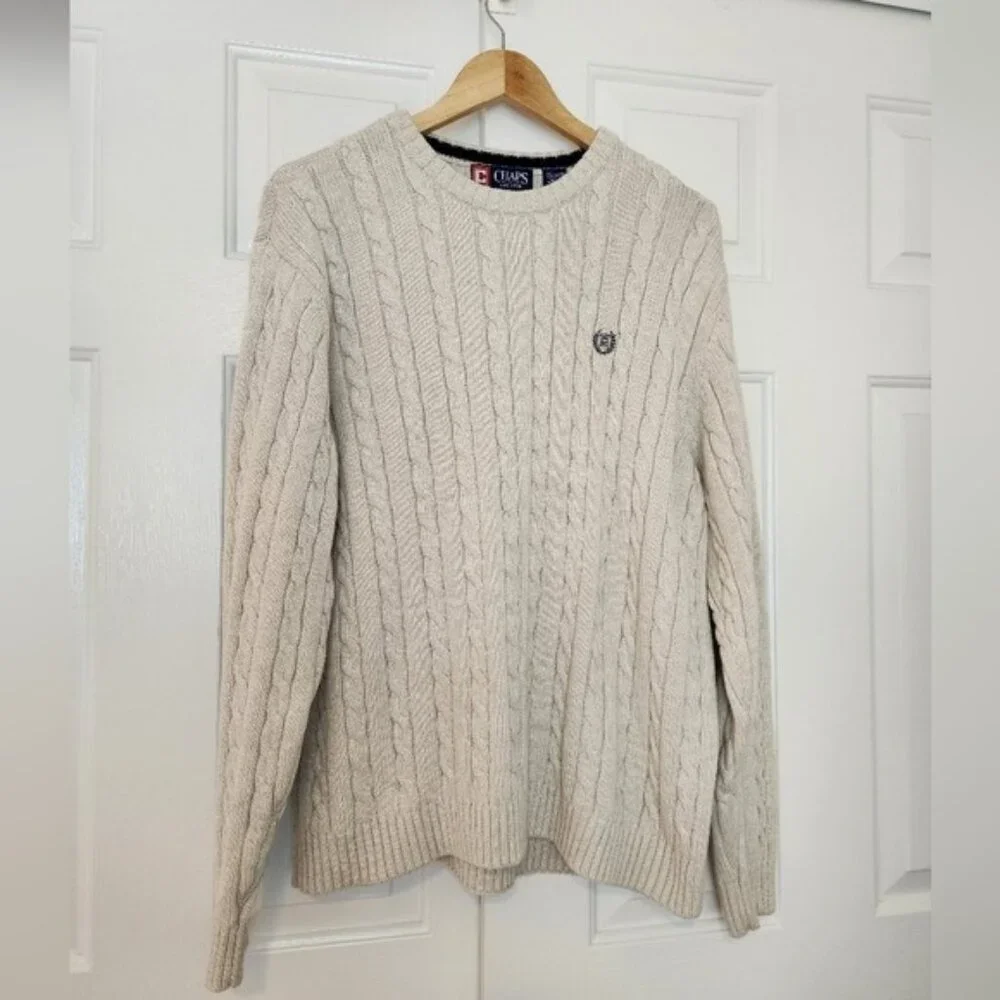 Chaps Beige Cable Knit Cotton Crewneck Men's Sweater Size XL